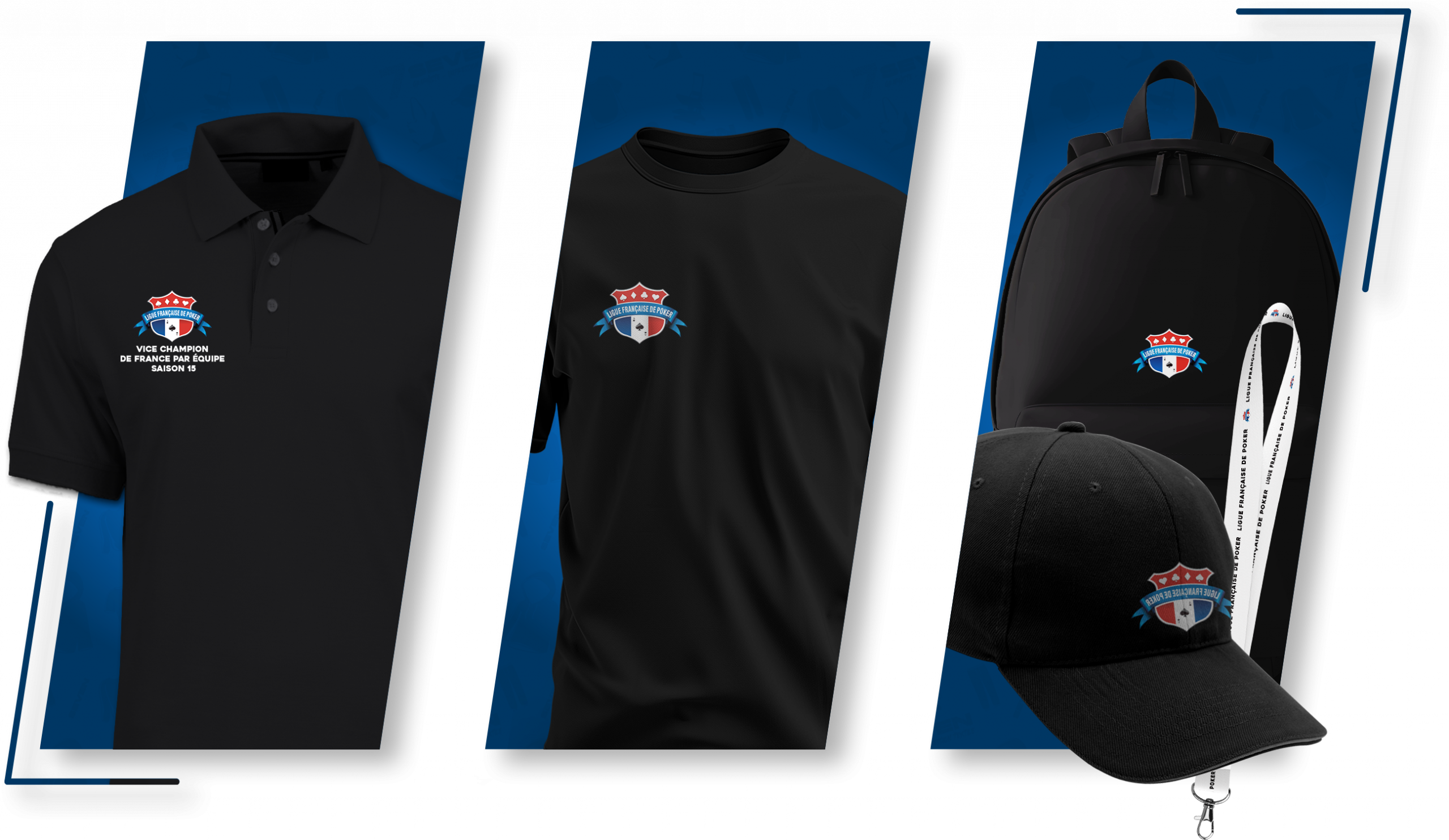 Pack complet pour la personnalisation de la Ligue Française de Poker ( t-shirts, polos, tote-bags, sac à dos, tour de cou).